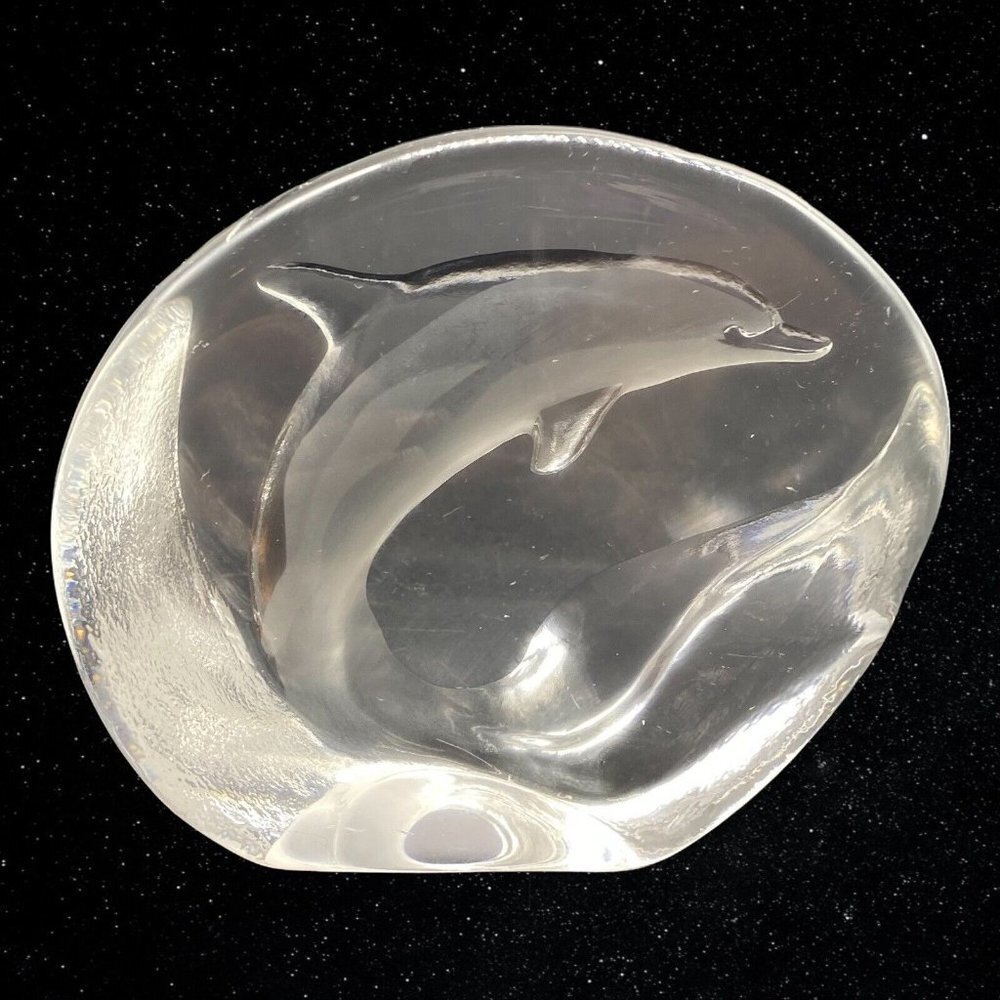 Mats Jonasson Dolphin Paperweight‎ Full Lead Signed Sweden 4”T 4.5”W